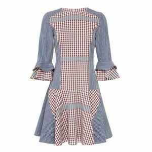 Badgley Mischka Collection Plaid & Striped Combo Flounce Plaid Day Dress Size 4